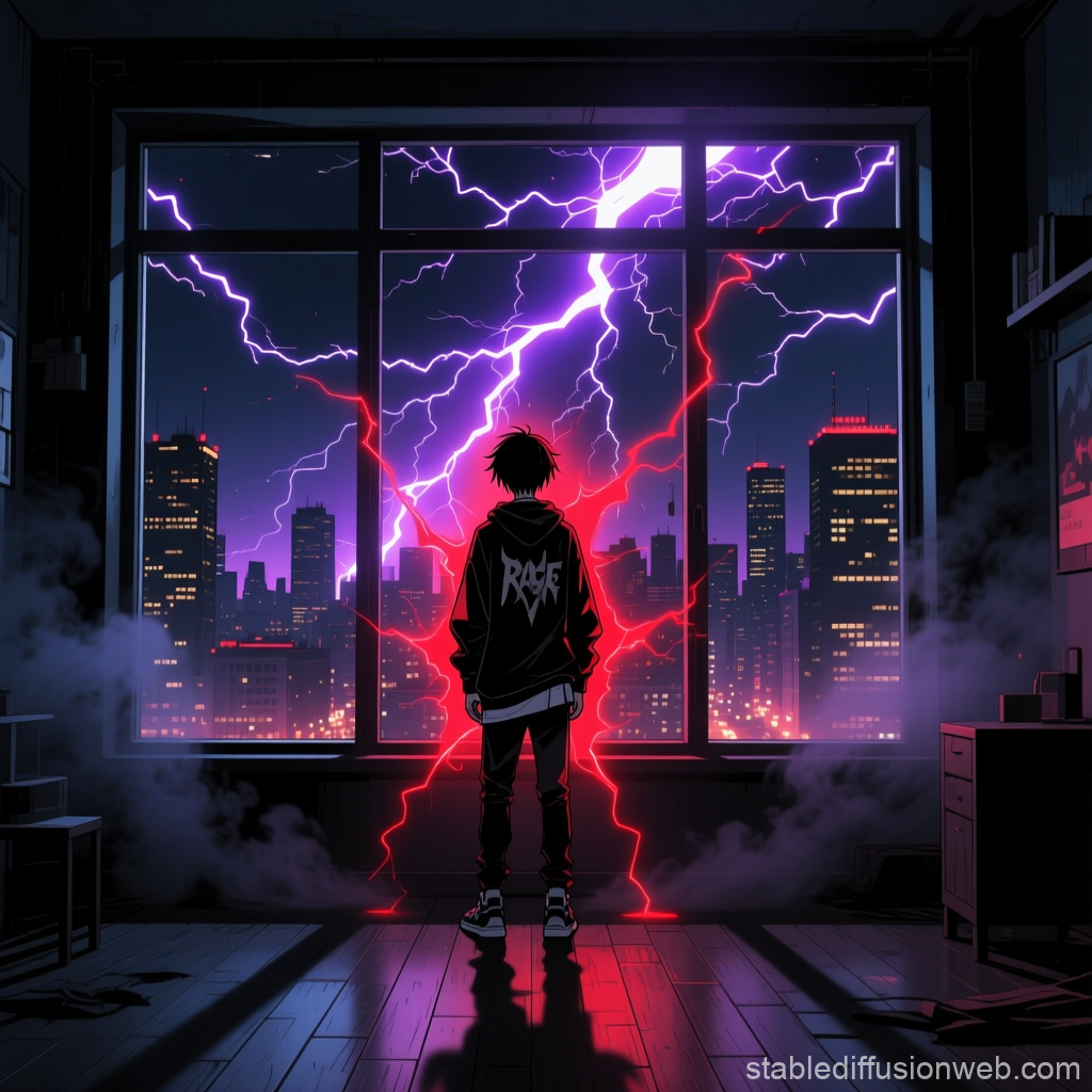 Lonely Anime Character Facing Electric Storm Over Cityscape