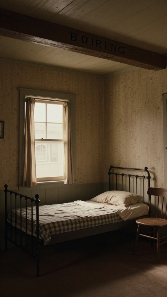 Lonely Boarding House Room with Iron Bed and Wooden Chair