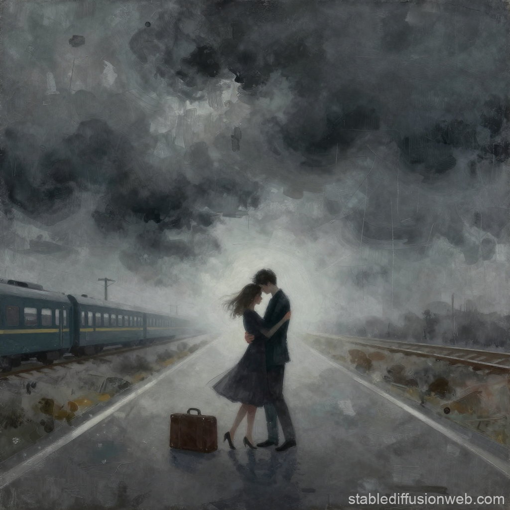 Lonely Dancers Embracing on Misty Train Platform