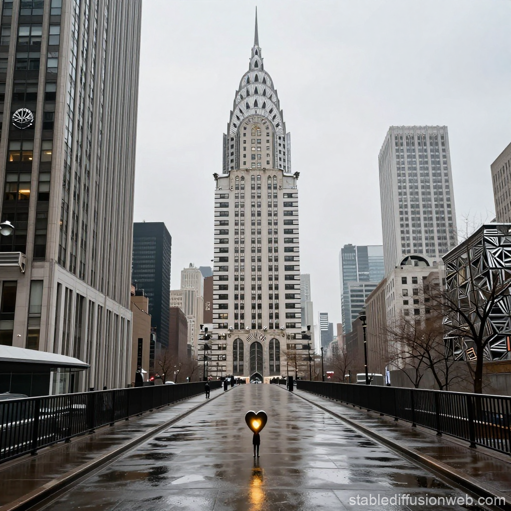 Lonely Heart on Rainy City Bridge with Iconic Skyscraper