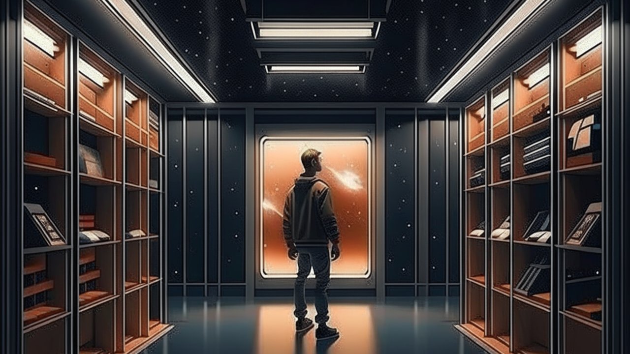 Lonely Man Gazing Through Futuristic Store Window