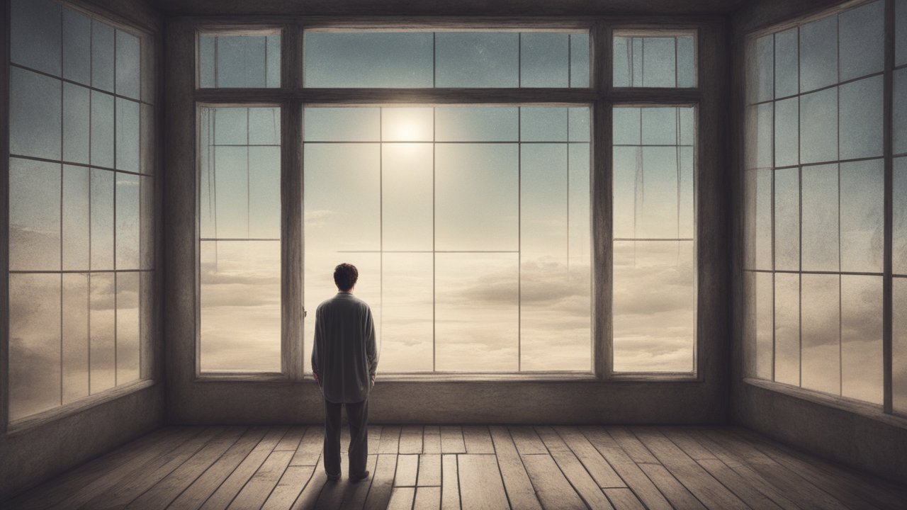 Lonely Man Gazing Through Large Window at Cloudy Sky
