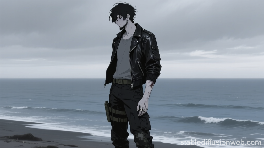 Lonely Man Standing by the Ocean in Moody Anime Style