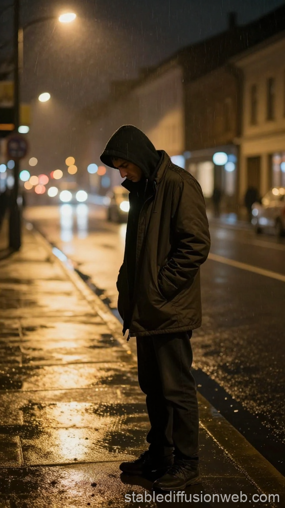 Lonely Man Standing on Rainy City Street at Night