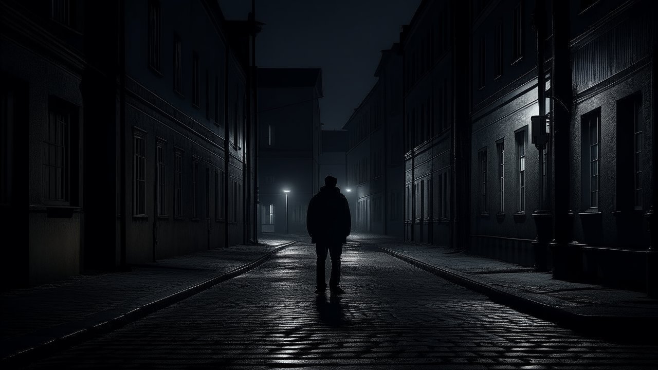Lonely Man Walking Down a Dark Urban Street at Night