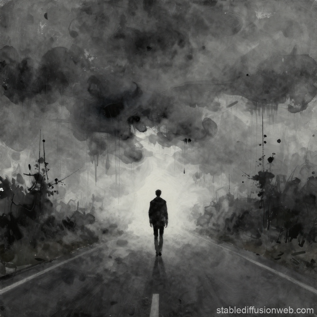 Lonely Man Walking Through Misty Road