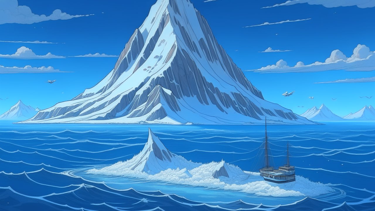 Lonely Snow-Covered Mountain with Ship in Calm Blue Sea