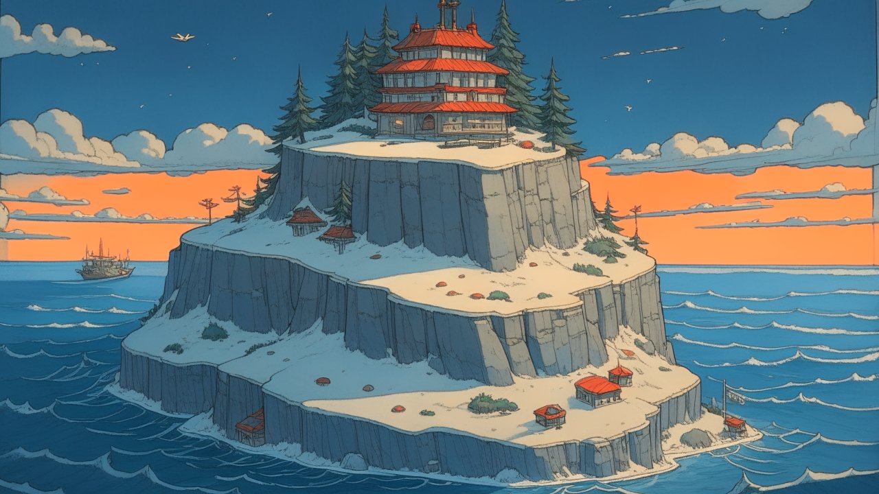 Lonely Snowy Island with Pagoda at Sunset