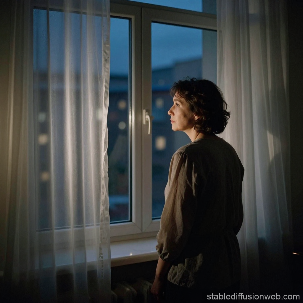 Lonely Woman Gazing Through Window at Dusk