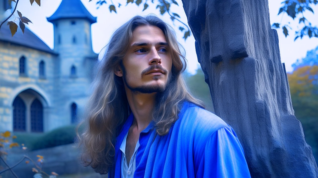 Long-Haired Man in Blue Cloak by a Carved Tree Near Castle