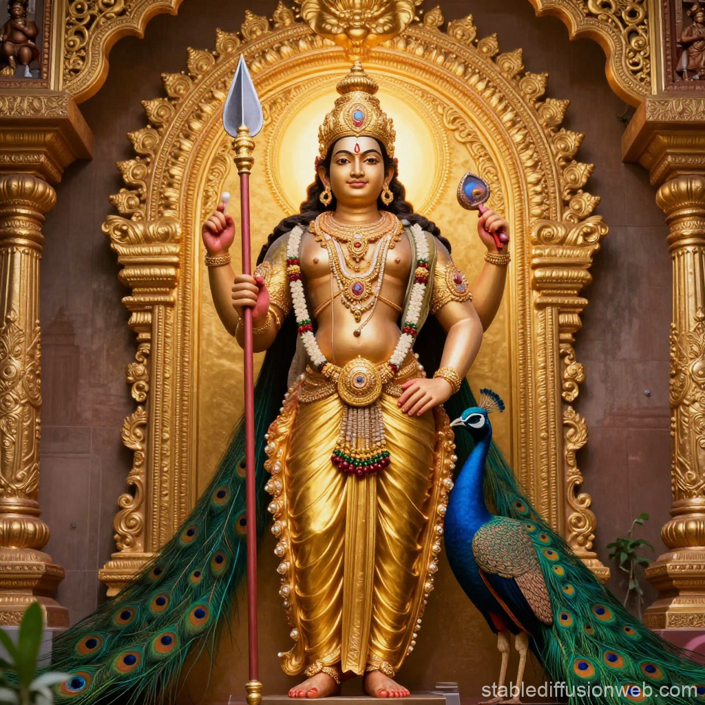 Lord Murugan Statue with Peacock in Ornate Golden Shrine