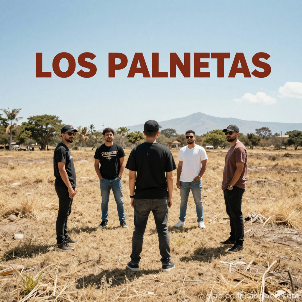 Los Palnetas Band Standing in Dry Field with Mountain Background