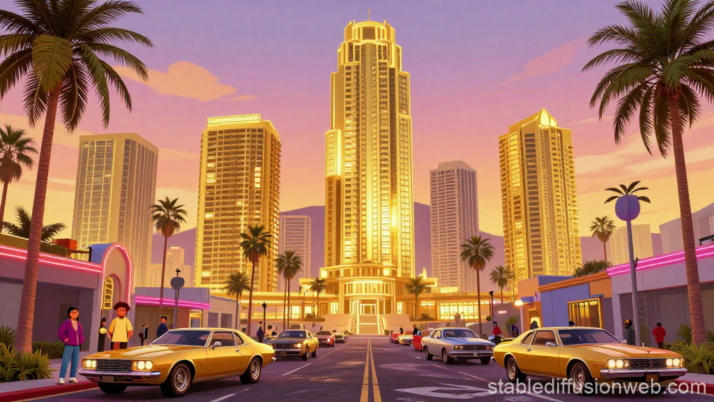 Los Santos Sunset Cityscape with Classic Cars