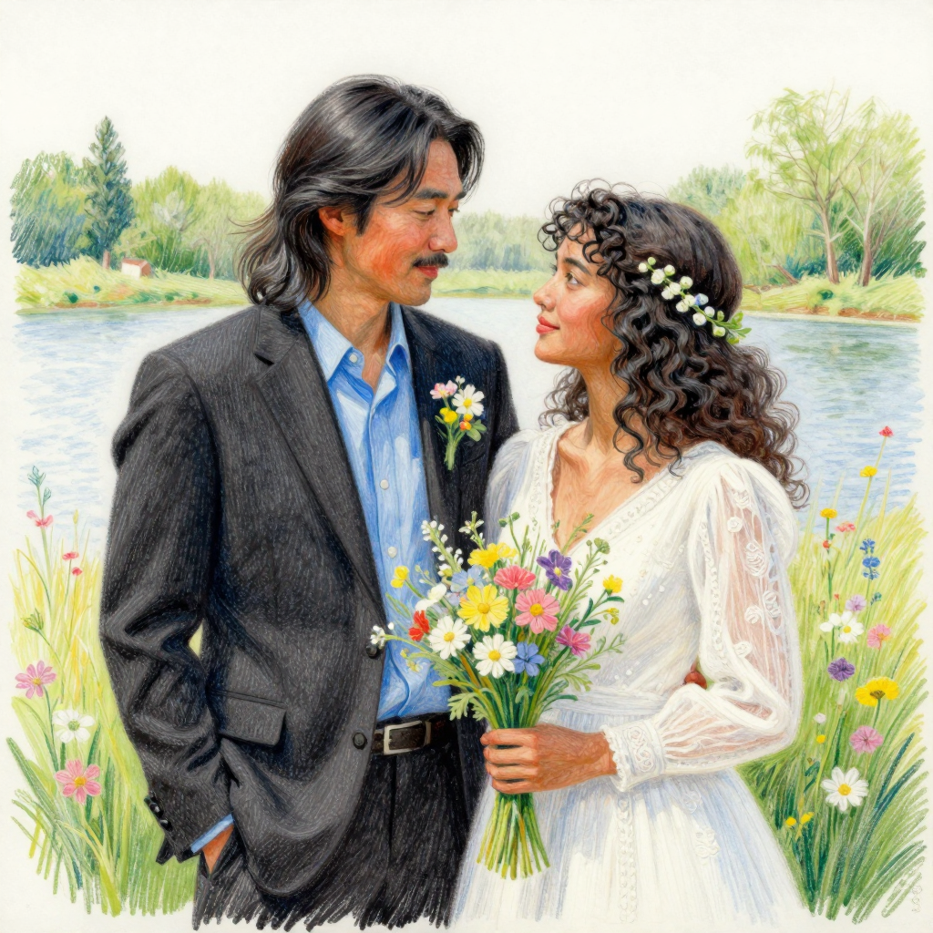 Loving Couple by the River in a Romantic Oil Painting