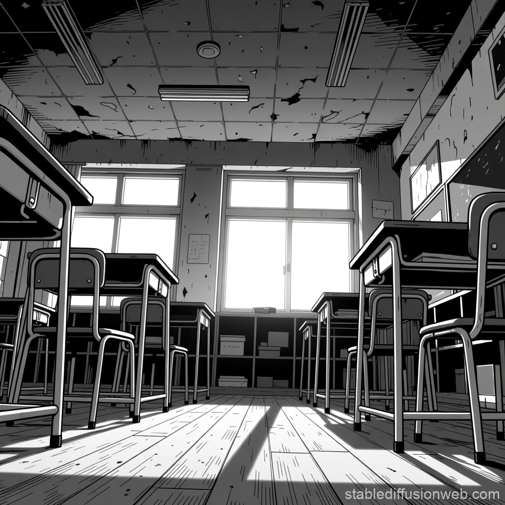 Low Angle View of Abandoned Classroom in Black and White