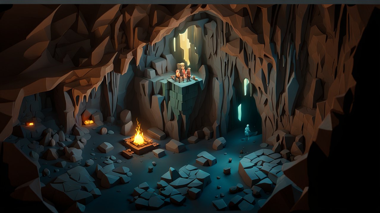 Low Poly 3D Cave Interior with Campfire and Figures