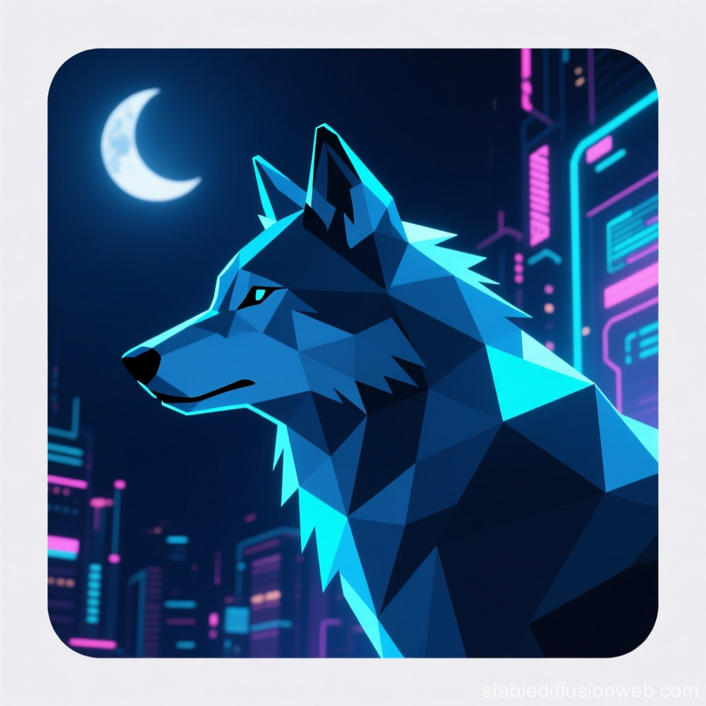 Low Poly Blue Wolf Silhouette in Neon Cyberpunk City