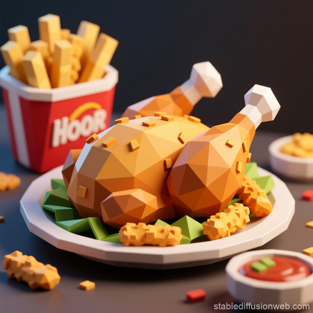 Low Poly Fried Chicken with Fries and Sauce