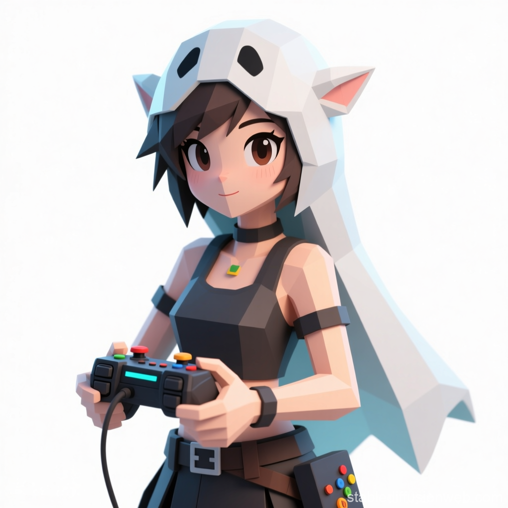 Low-Poly Gamer Girl in Cat Hood Holding Controller