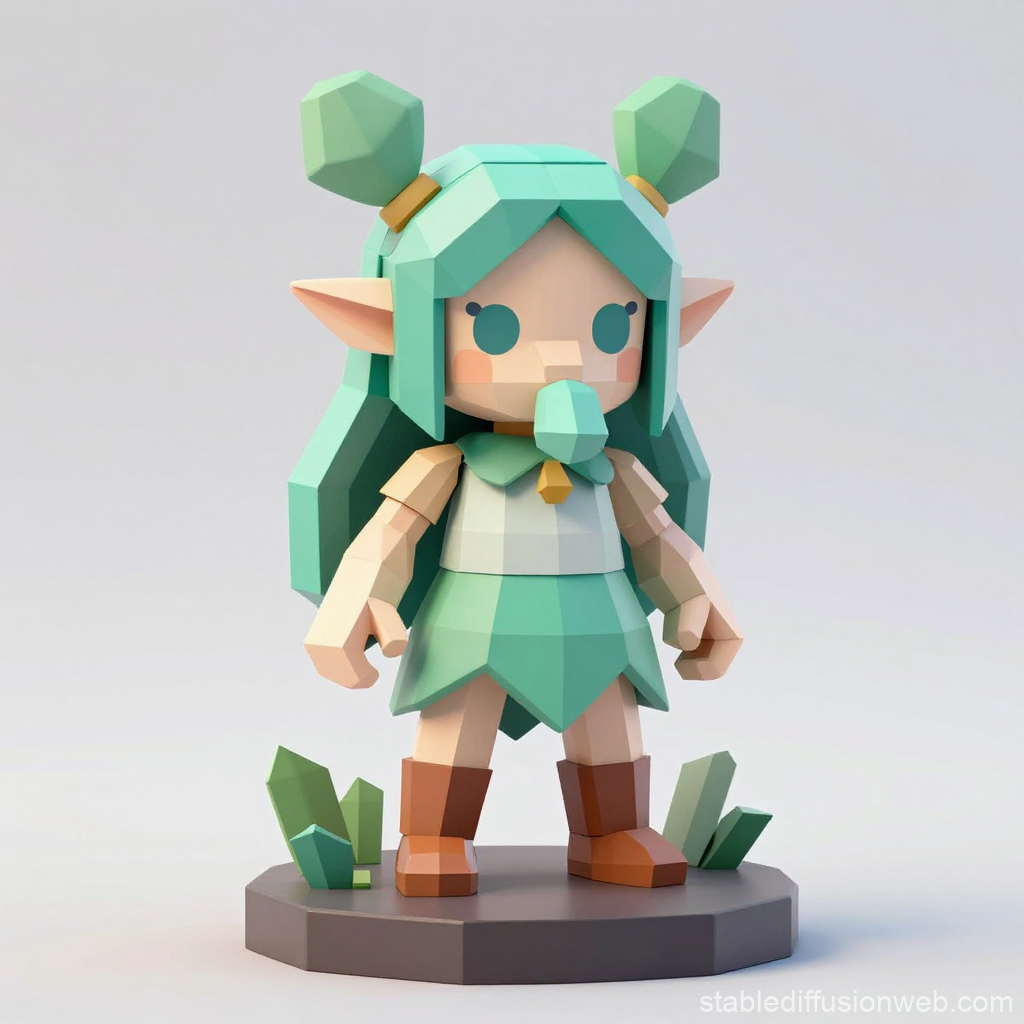 Low Poly Mint-Haired Elf Character Figurine