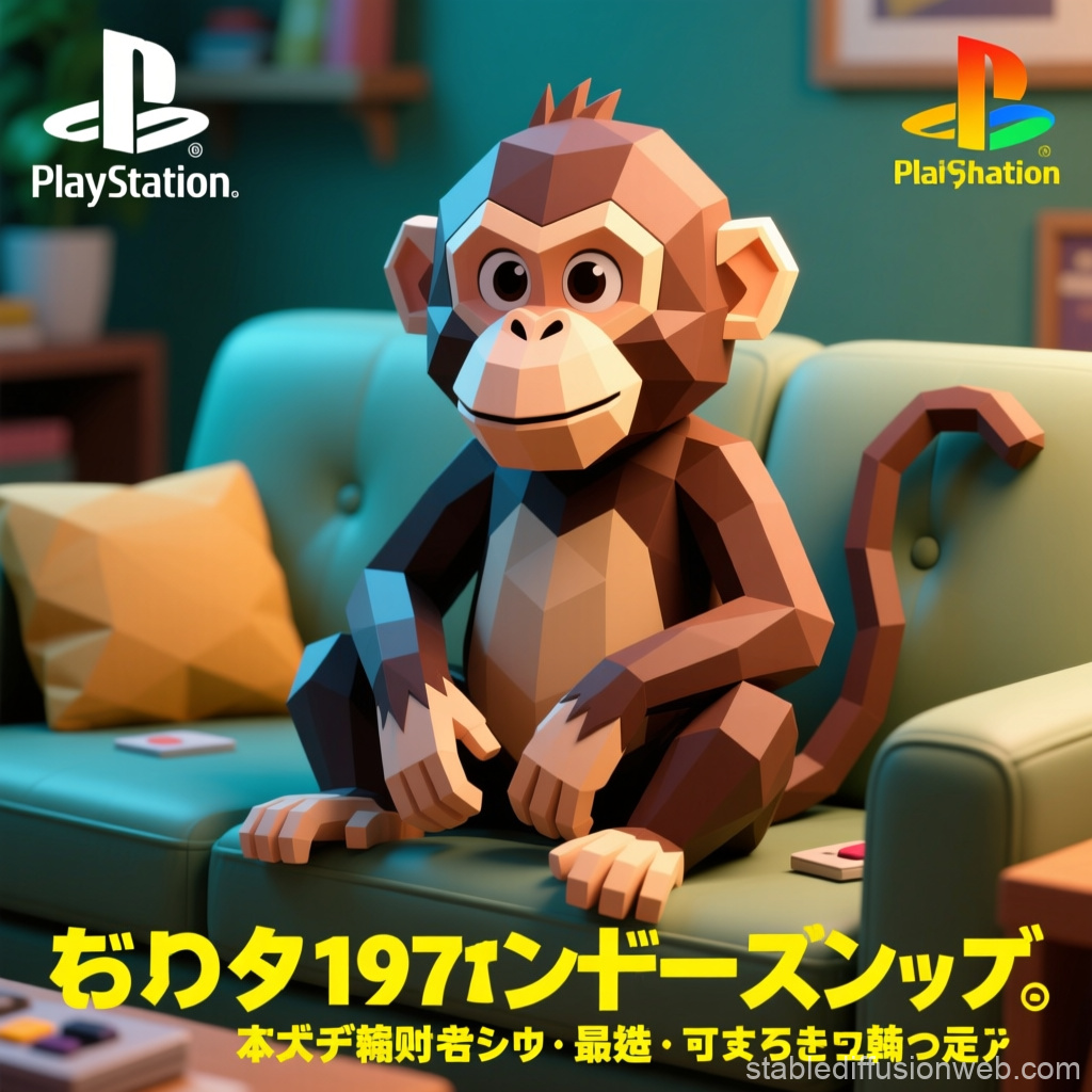 Low Poly Monkey on Couch with PlayStation Logos