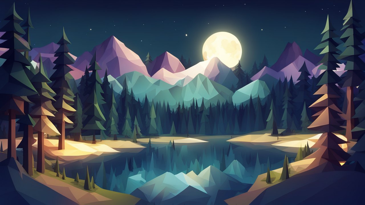 Low-Poly Summer Night Forest Lake with Full Moon