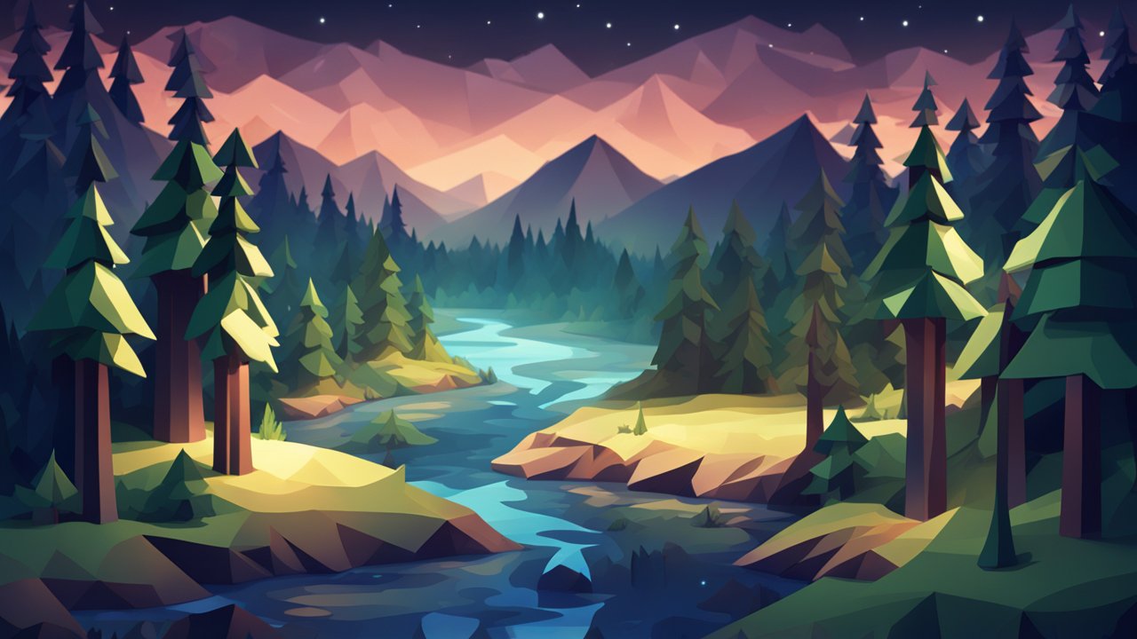 Low-Poly Summer Night Forest River Landscape