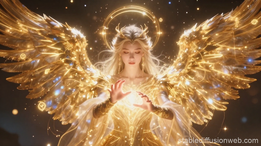 Lumiel Channels Celestial Energy with Radiant Golden Wings