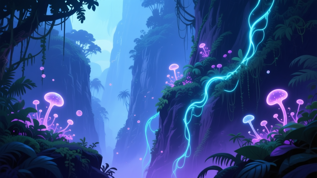 Luminous Fantasy Jungle Cliffs with Glowing Mushrooms