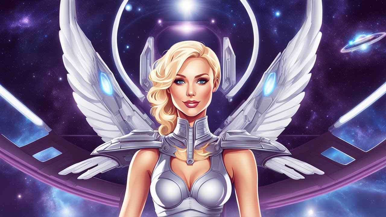 Luminous Galactic Angelic Warrior in Futuristic Armor