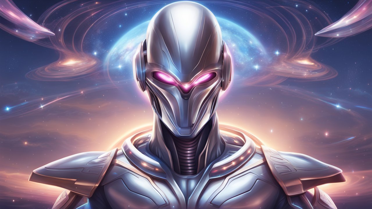 Luminous Galactic Metallic Robot with Glowing Eyes