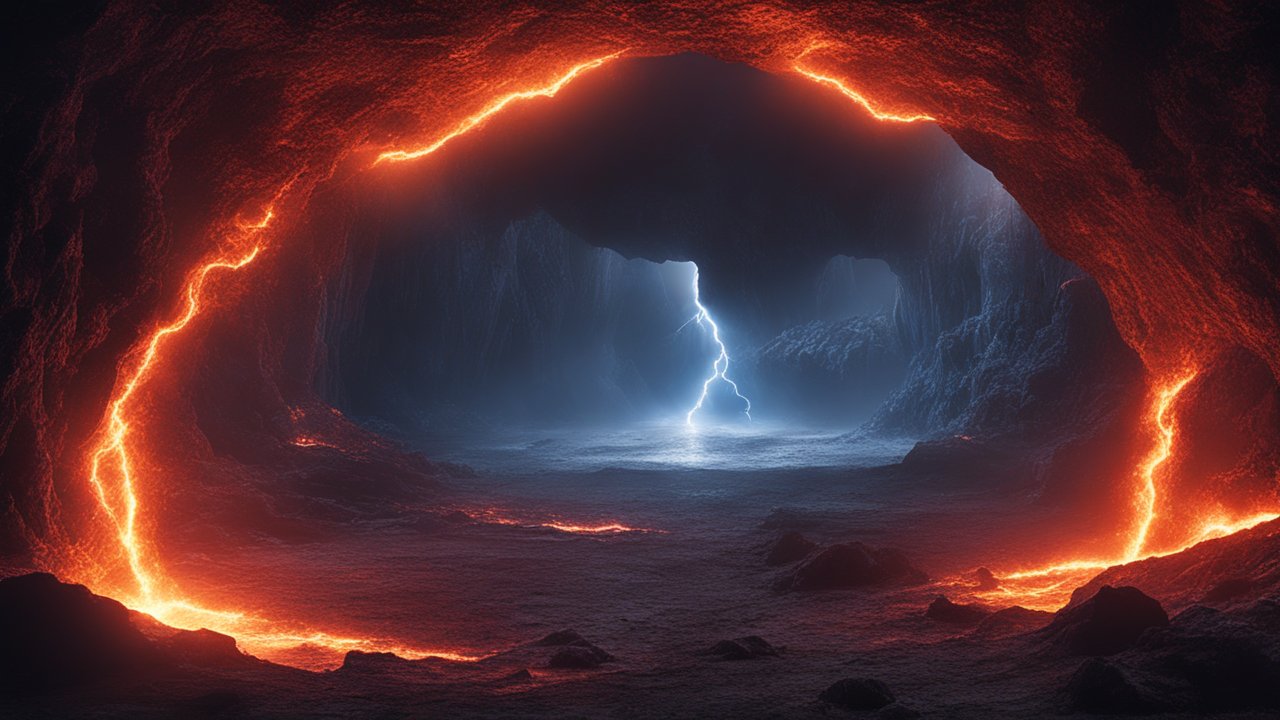 Luminous Lava Cave with Electric Storm