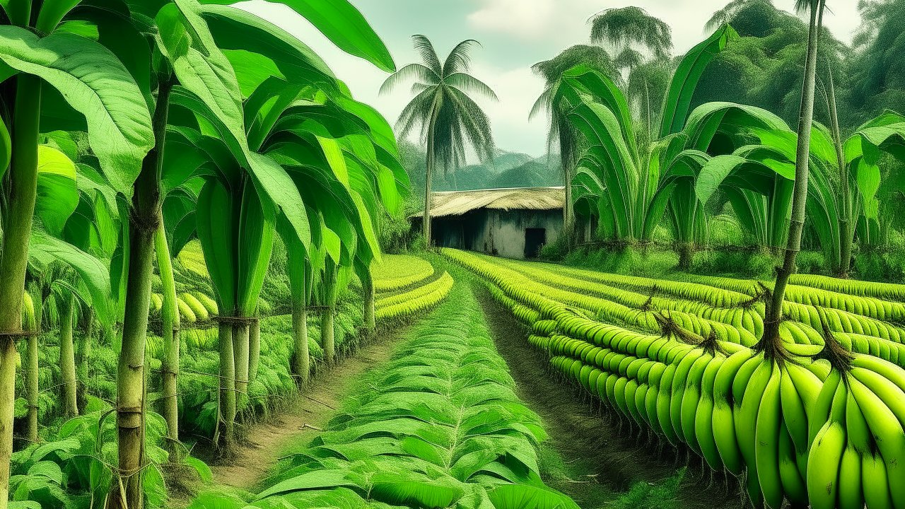 Lush Banana Farm with Rows of Green Bananas and Tropical Trees