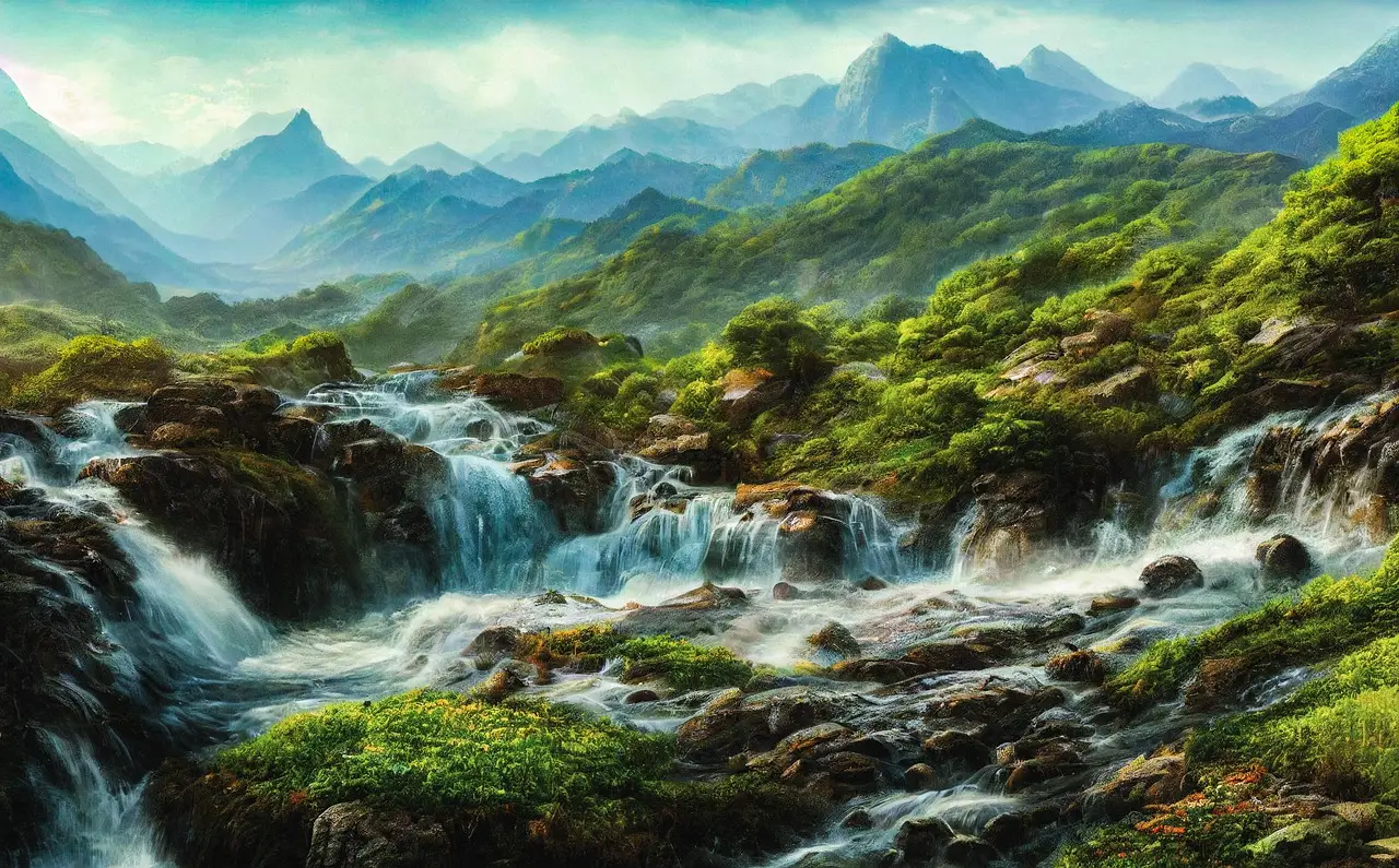 Lush Fantasy Mountain Waterfall Landscape