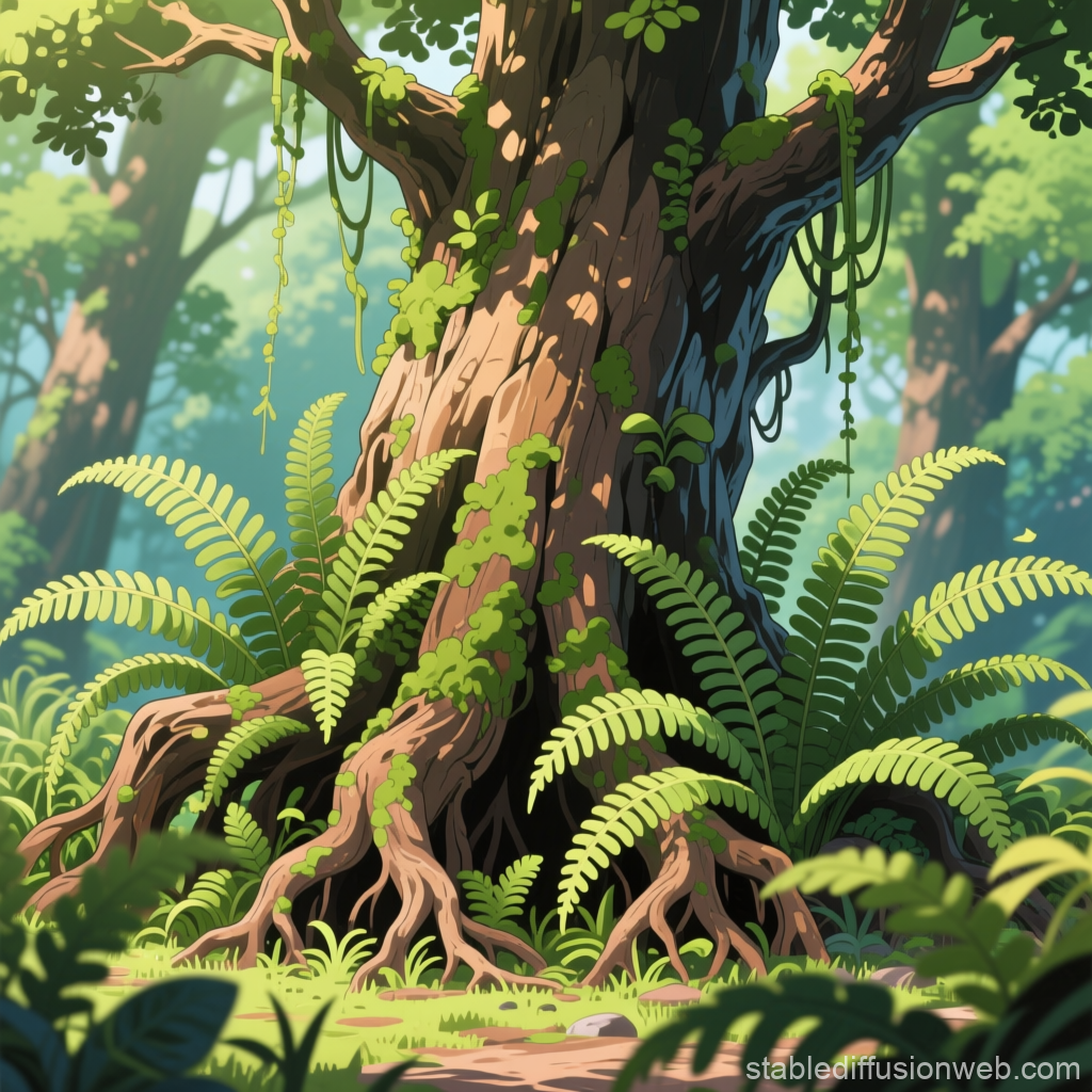 Lush Forest Tree with Ferns and Vines