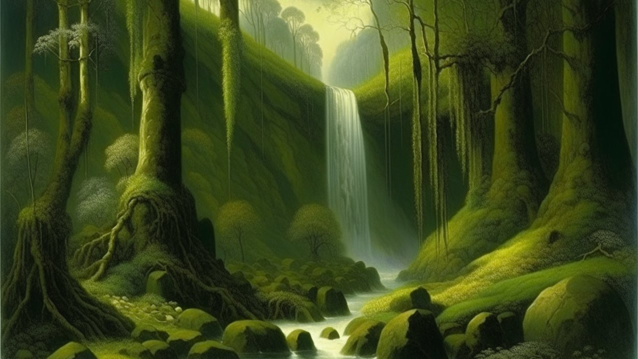 Lush Forest with Waterfall in Soft Light