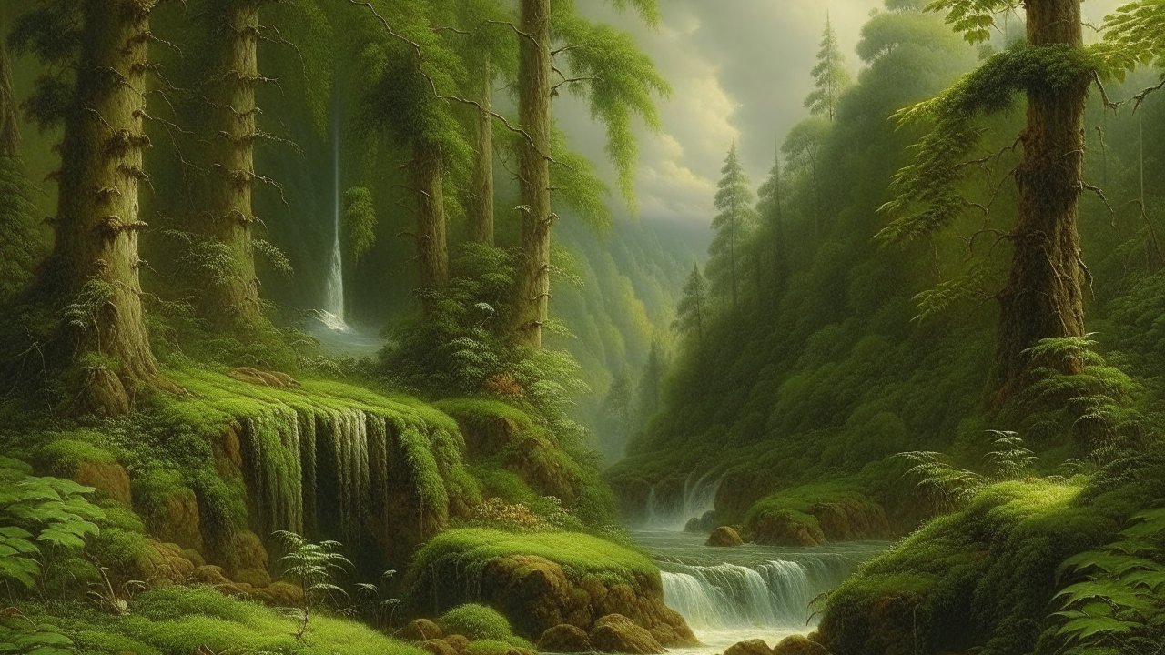 Lush Forest with Waterfalls in a Serene Valley