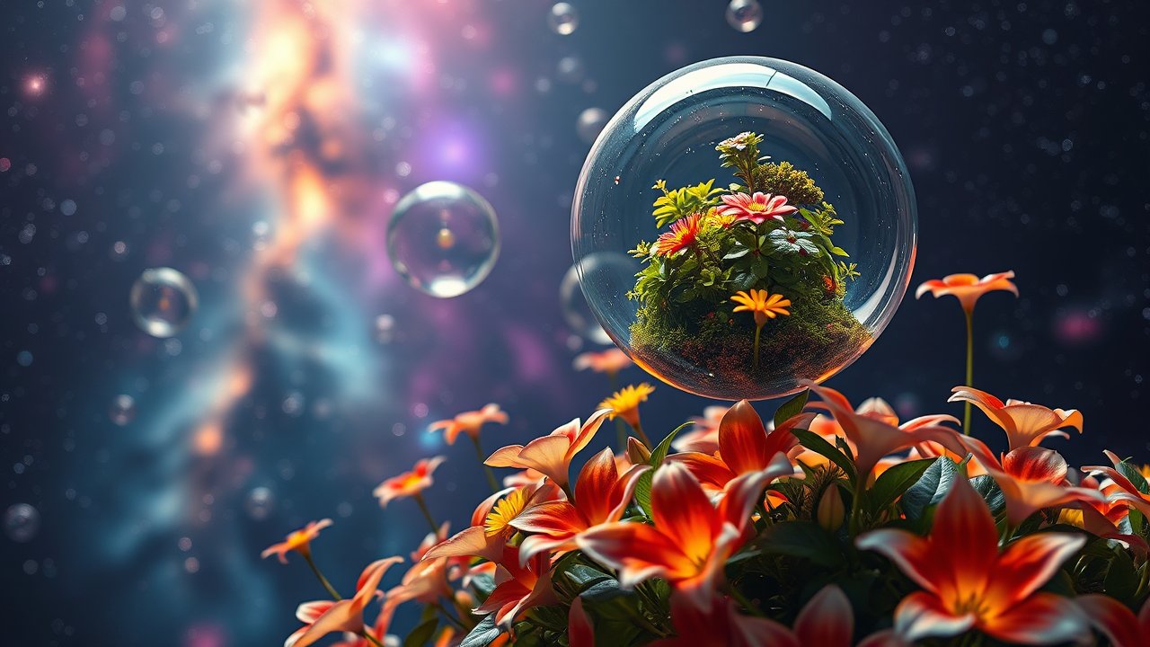 Lush Garden Encased in Floating Glass Orbs in Cosmic Space