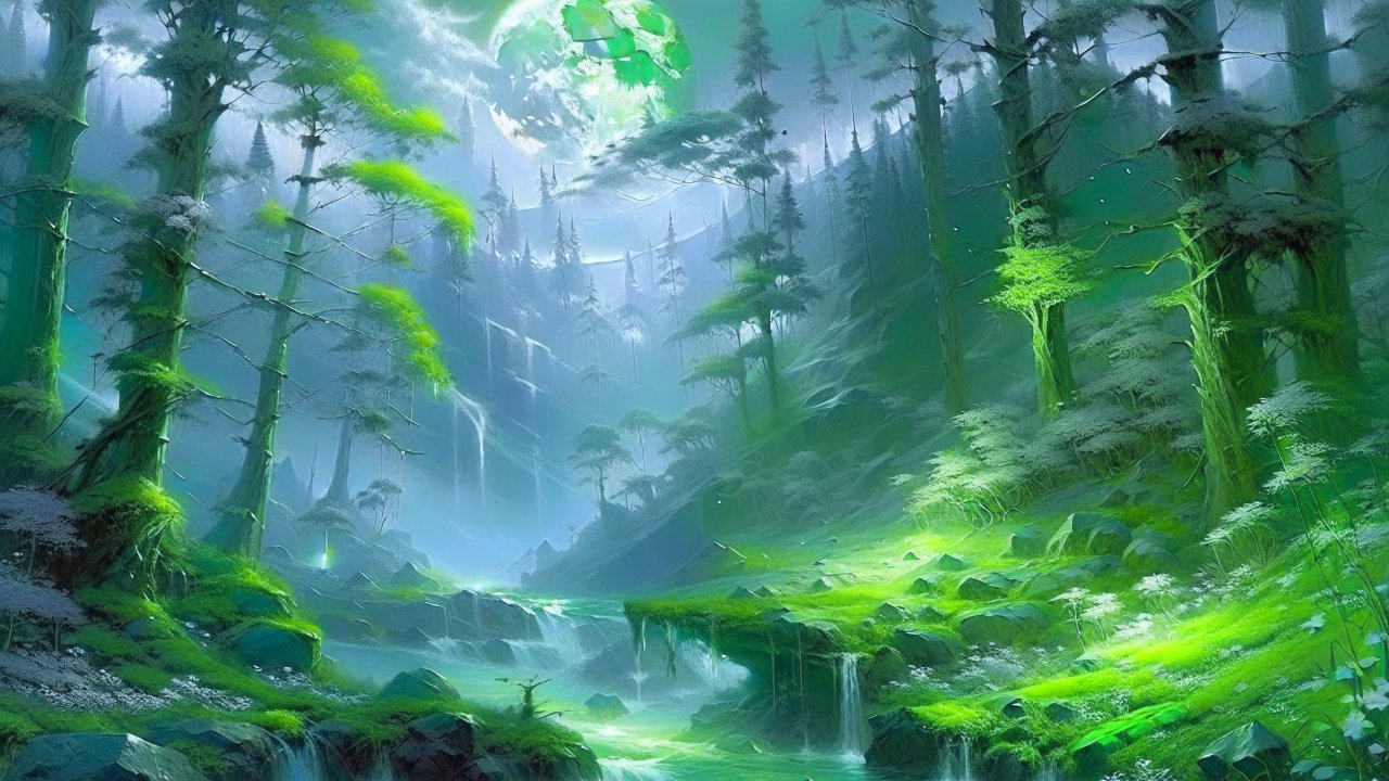 Lush Mystical Forest with Waterfalls and Mist