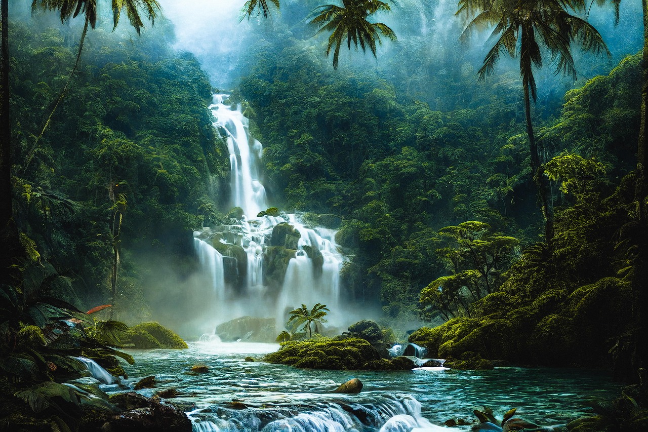 Lush Tropical Jungle Waterfall in Misty Atmosphere