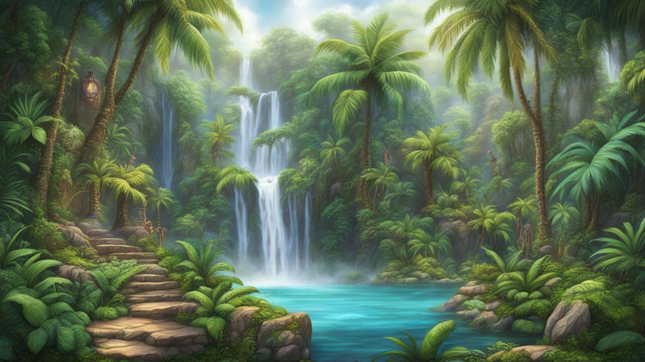 Lush Tropical Waterfall in a Mystical Jungle