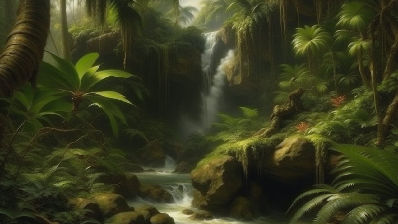 Lush Tropical Waterfall in Dense Jungle