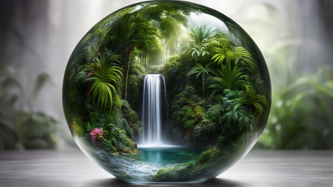 Lush Waterfall Jungle Encapsulated in Crystal Sphere