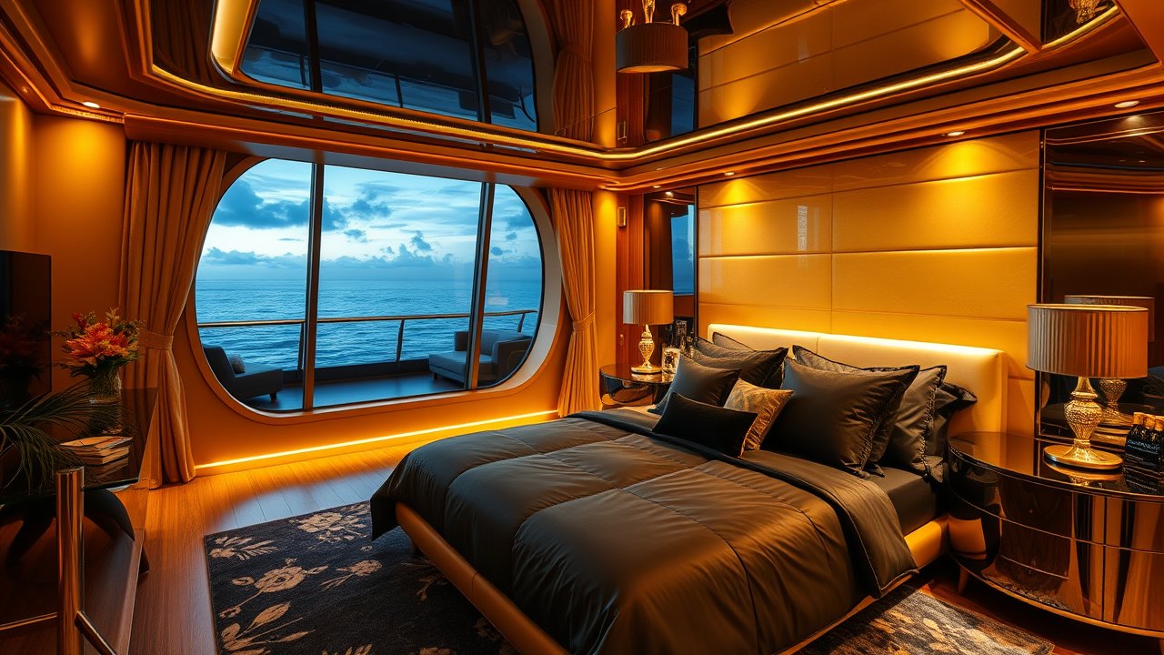 Luxurious Bedroom with Ocean View and Warm Ambient Lighting