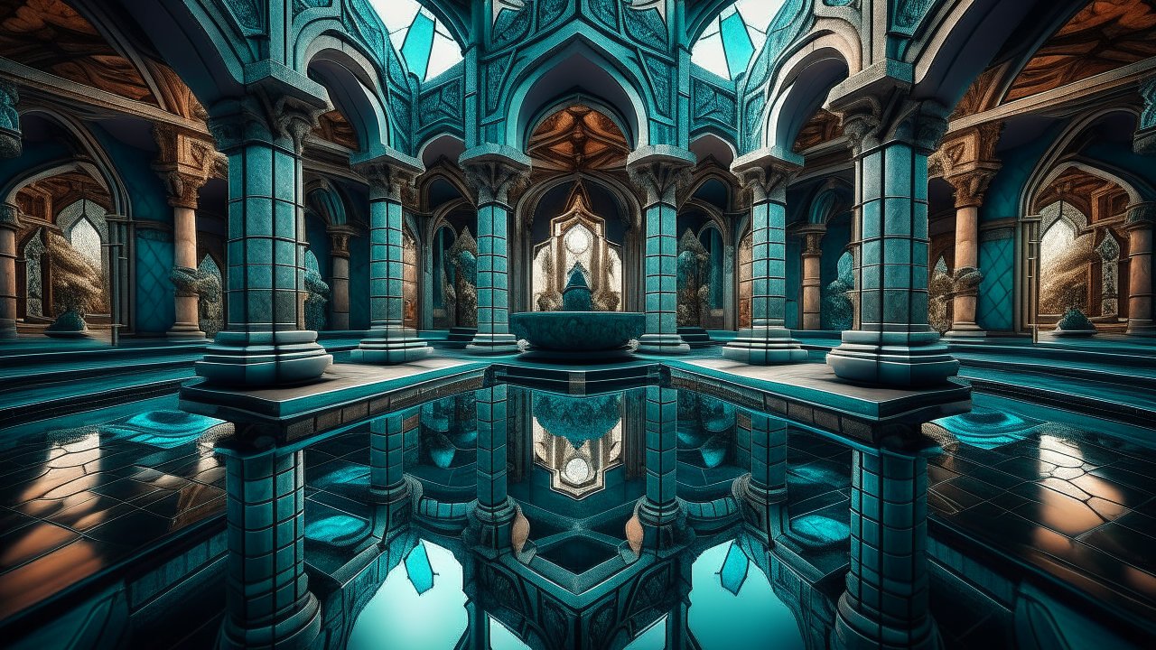 Luxurious Blue-Toned Architectural Interior with Reflective Pool