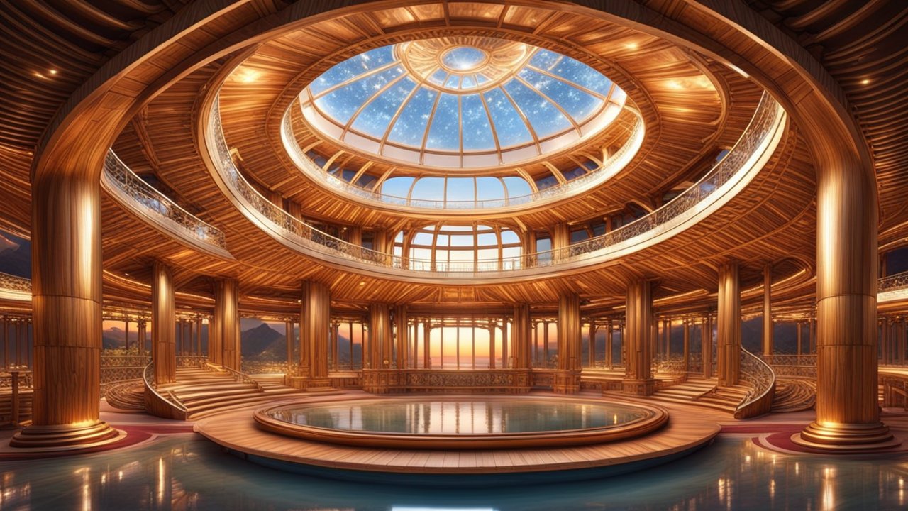Luxurious Circular Wooden Interior with Glass Dome Ceiling
