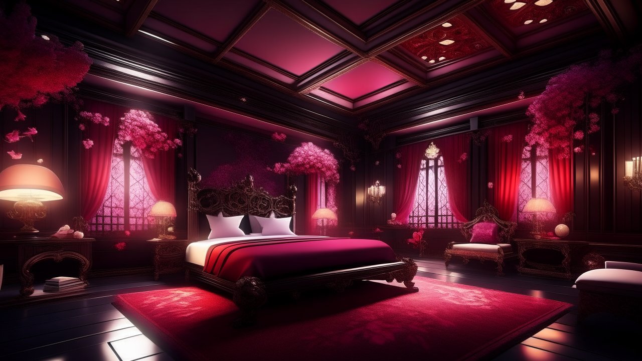 Luxurious Gothic Bedroom with Pink Ambient Lighting