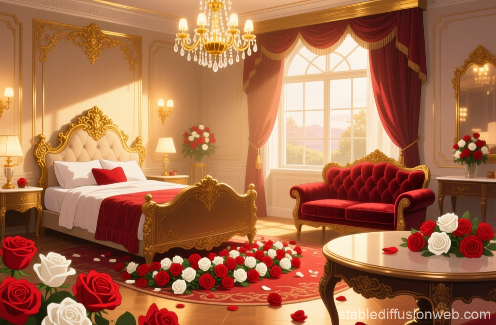 Luxurious Hotel Suite with Elegant Red and Gold Decor