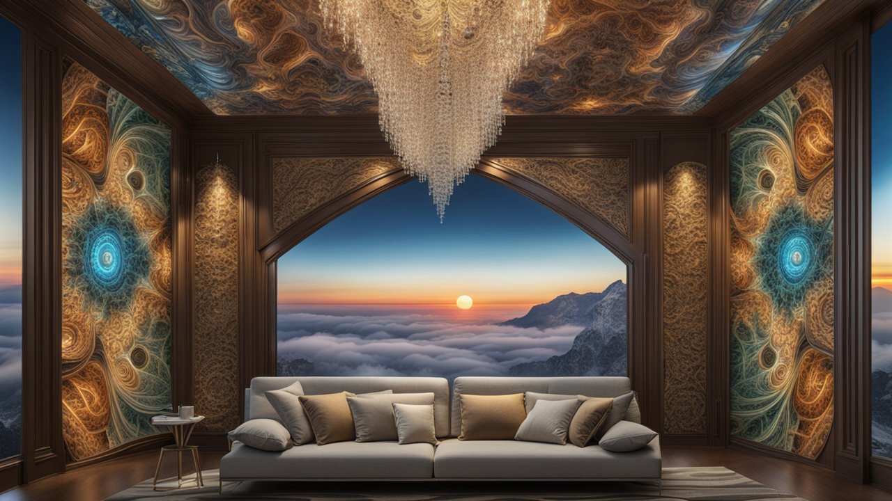 Luxurious Living Room with Fractal Art and Mountain Sunset View