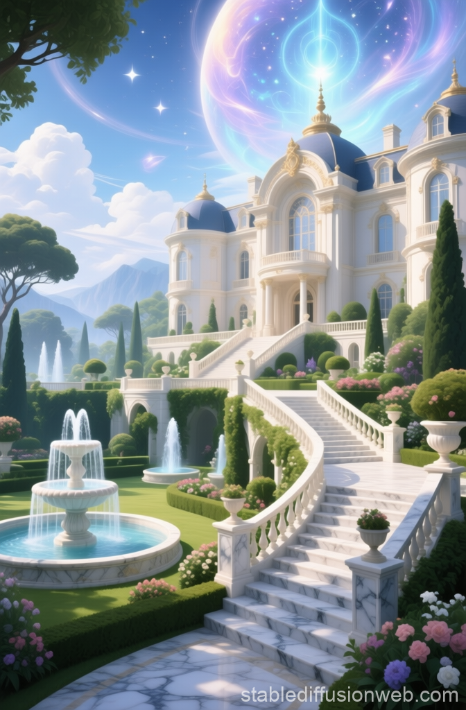 Luxurious Mansion with Elegant Gardens and Cosmic Sky